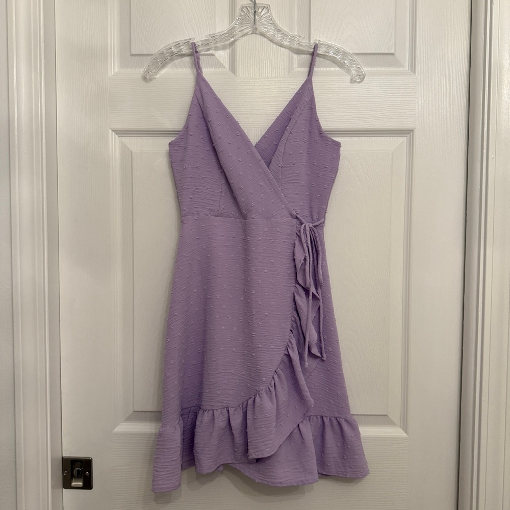 {Altar’d State} Purple Wrap Polka Dot Ruffle Mini Dress | XS